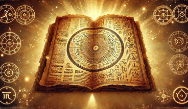 An open, illuminated book with a zodiac wheel